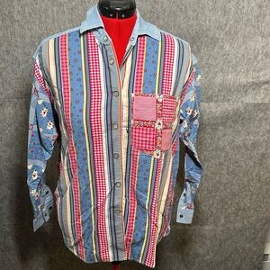 Vtg Liz Wear Denim Gingham Floral Western Pearl Snap Button Shirt Women medium